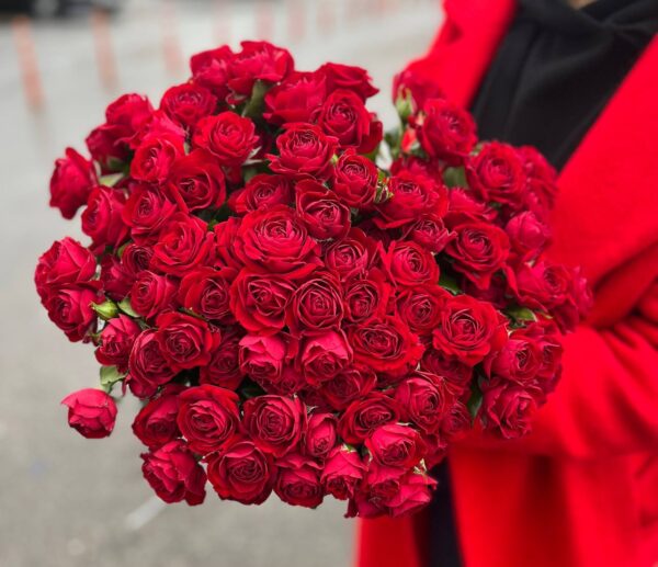 Кустовая пионовидная роза сорта «Red Bubbles» купить с доставкой в Мытищах
